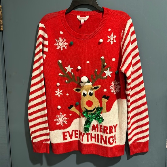 Ugly Christmas Sweater.   Red with Reindeer
Size XL(15-17). Pre-owned - Picture 1 of 5